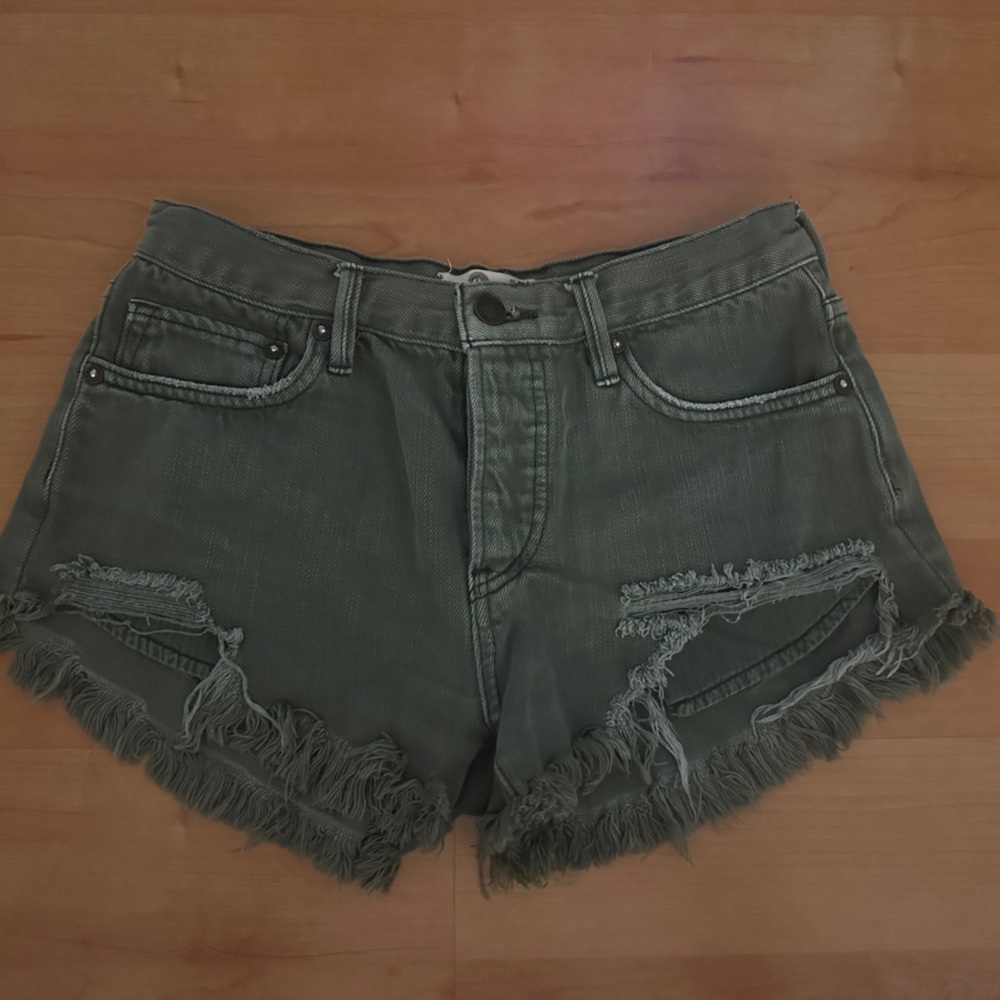 Free People Olive Green Distressed Shorts